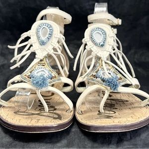Sam Edelman Anella Beaded Fringe Gladiator Sandals - White/Blue - Size 6 boho